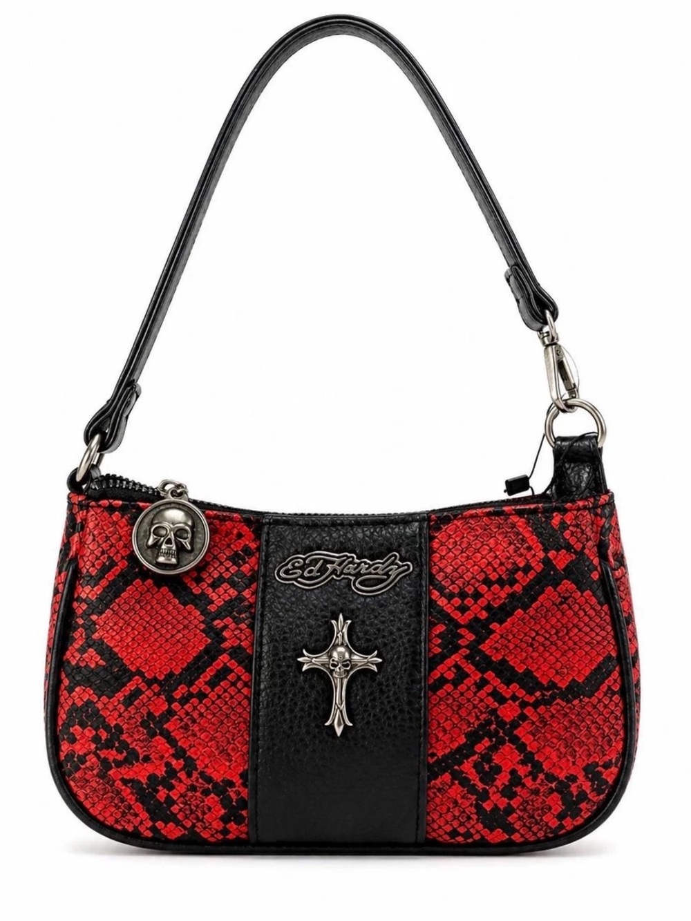 Ed Hardy Red and Black Faux-Snakeskin Mini Shoulder Bag